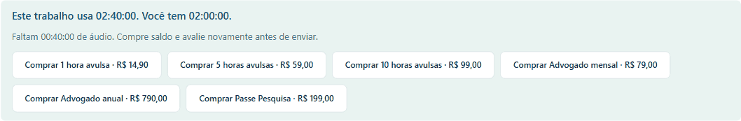 Painel de saldo do Taquígrafo: este trabalho usa 02:40:00 e você tem 02:00:00. Faltam 00:40:00. Uma compra de 1 hora avulsa custa R$ 14,90. Botões para comprar horas avulsas, Advogado mensal, Advogado anual ou Passe Pesquisa.